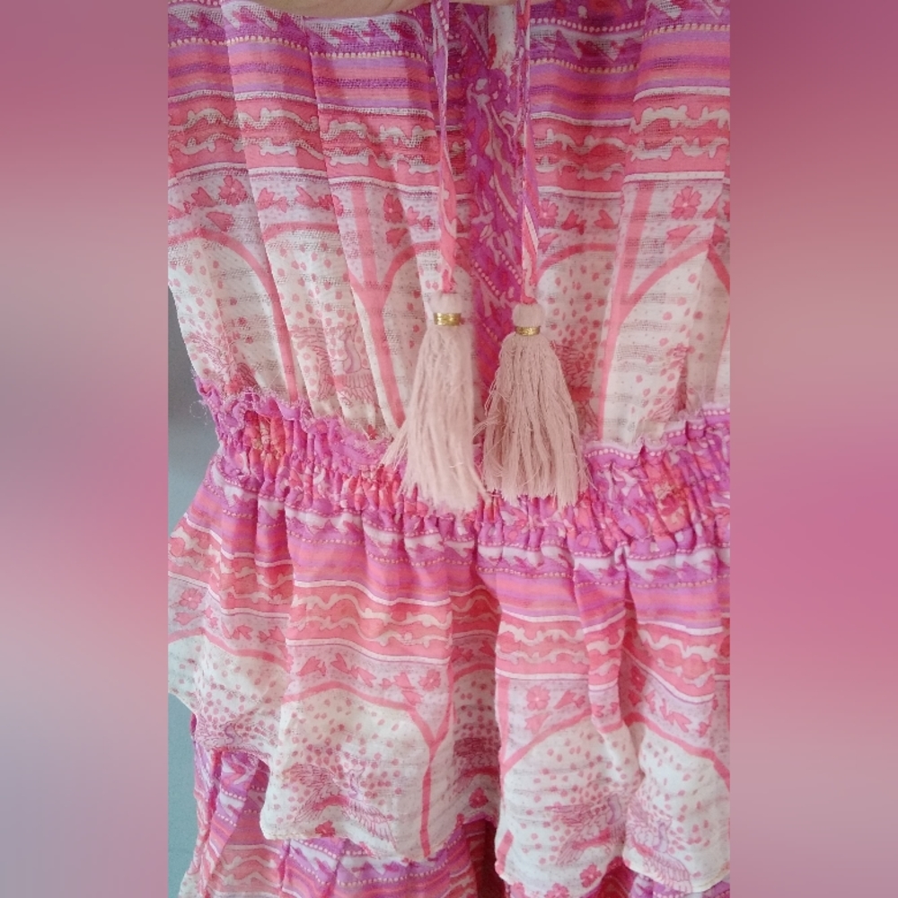 Loveshackfancy Pink Patterned Popover Tiered Silk… - image 6